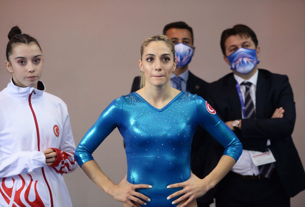 MERSIN, TURKEY - DECEMBER 20: Goksu Uctas Sanli of Turkey waits for the results ahead of winning the silver medal in floor during individual senior finals of the 2020 European Championships in Women's Artistic Gymnastics in Mersin, Turkey on December 20, 2020. ( Sezgin Pancar - Anadolu Agency )